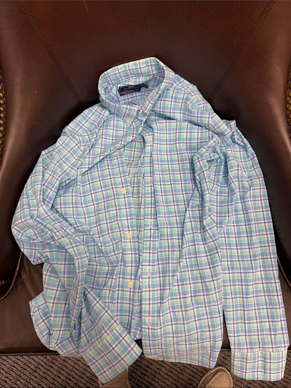 Vineyard Vines Light Blue Plaid Button-Down Shirt with Green & Purple Accents